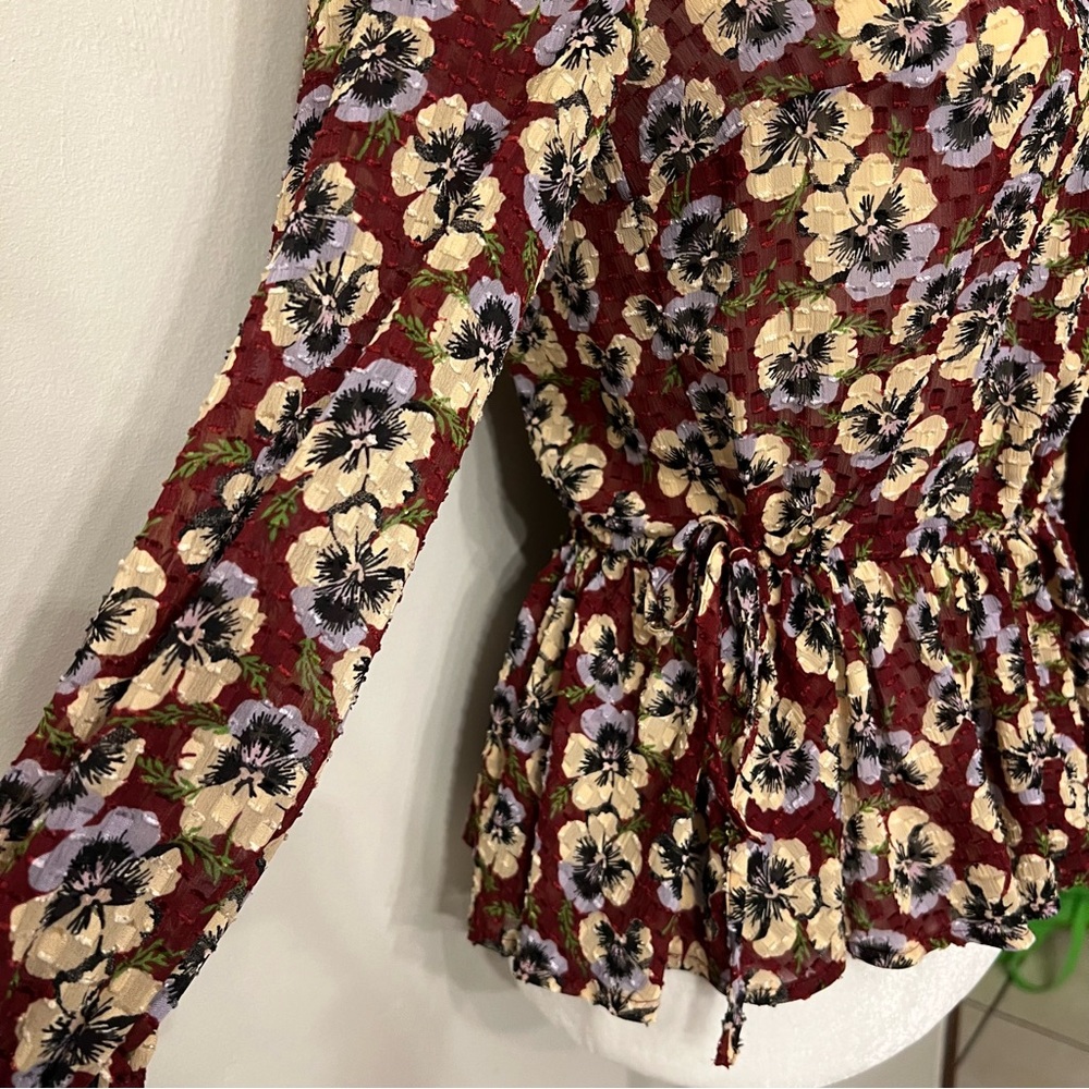 Madewell Drawstring Ruffle-Hem Top in Viola Floral EUC XS Pansy Dusty Burgundy - Picture 10 of 12